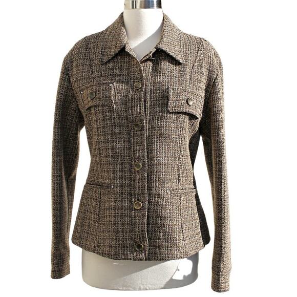 Oltre Women's Blazer Military Style Brown Gold Metallic Rhinestones Size 10 - Picture 2 of 12